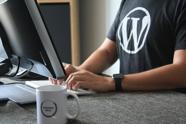 A person wearing a shirt with the WordPress logo, seating in front of a computer.