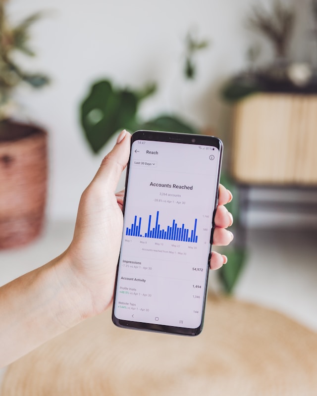A person is holding a smartphone displaying social media analytics.