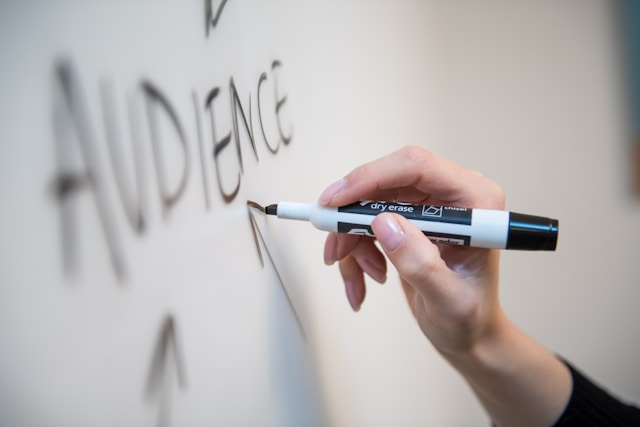 A person drawing arrows pointing to the word "audience" on a white board.