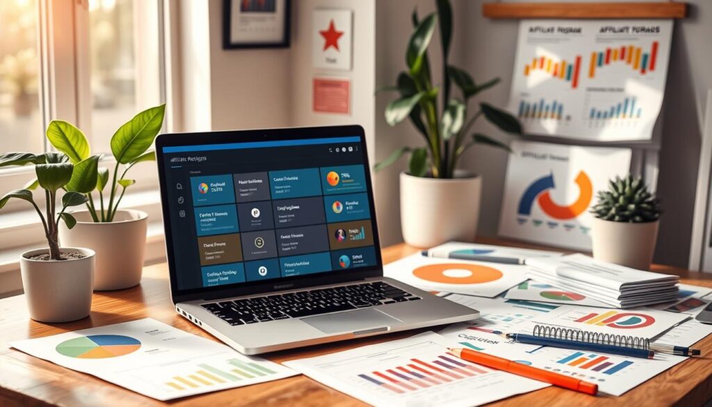 Affiliate Program Discovery A desk with a laptop displaying analytics dashboard, surrounded by charts, reports, and plants.