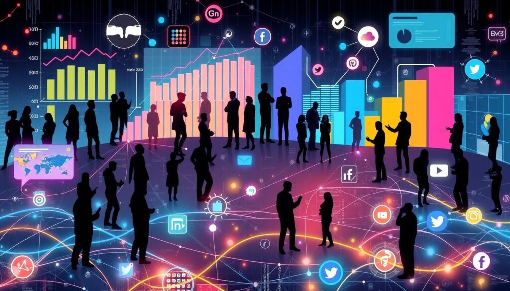 Audience Engagement Analysis Silhouettes of people interacting against a digital background filled with social media icons, charts, and data graphs.