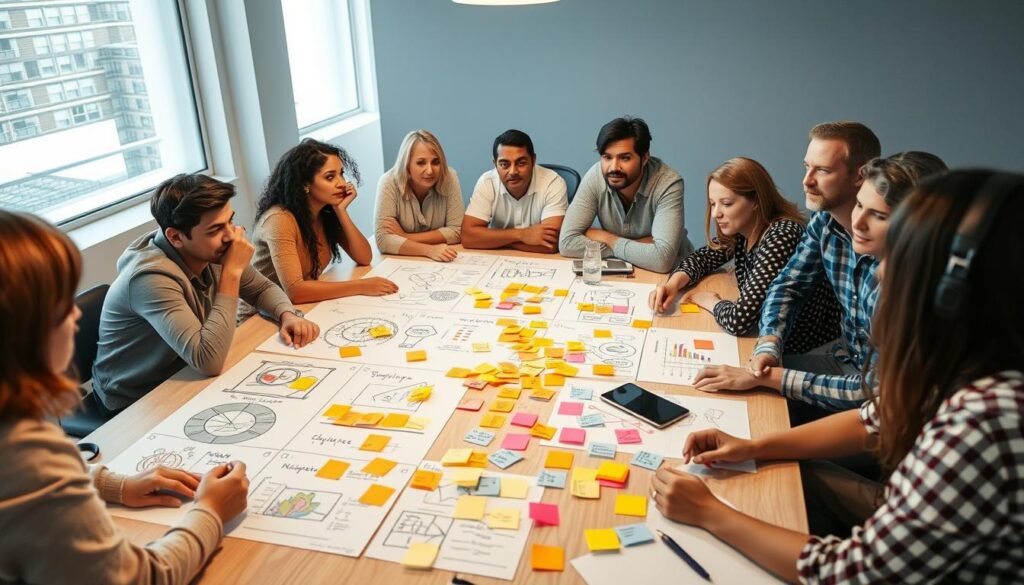 Audience Insights A diverse group of people gathered around a conference table for a collaborative brainstorming session.
