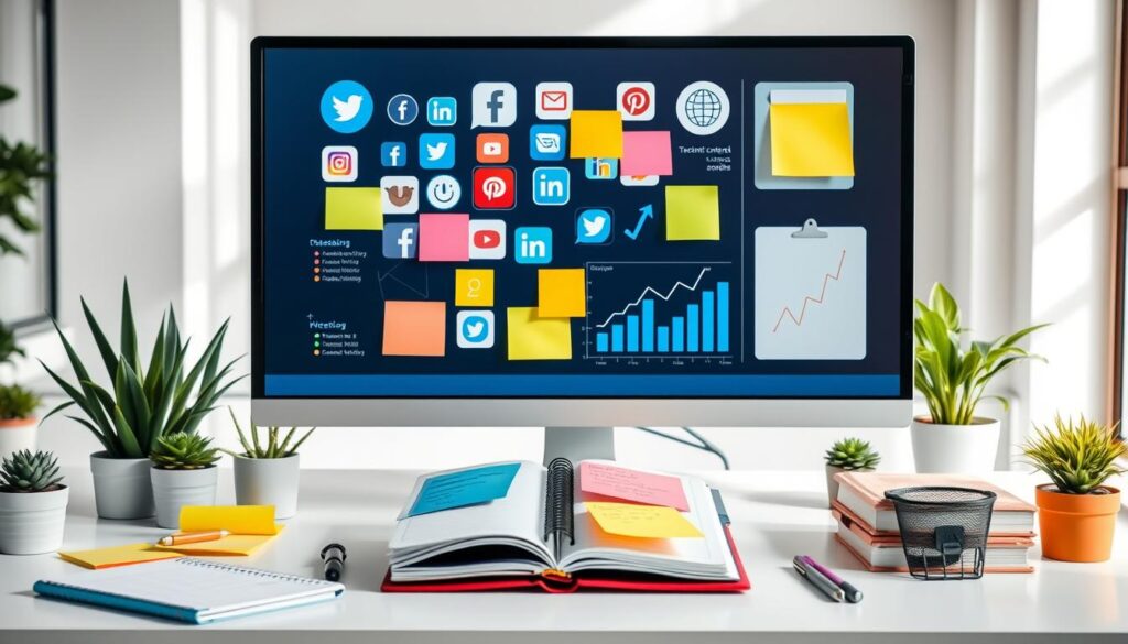 Choosing Platforms for Effective Content Marketing A desk with a monitor displaying social media icons, sticky notes, and charts, surrounded by plants, notebooks, and stationery.