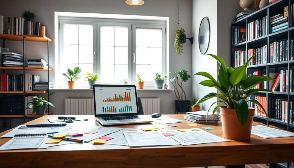 A home office with a desk covered in documents, sticky notes, and a laptop with bar charts, surrounded by books and plants.