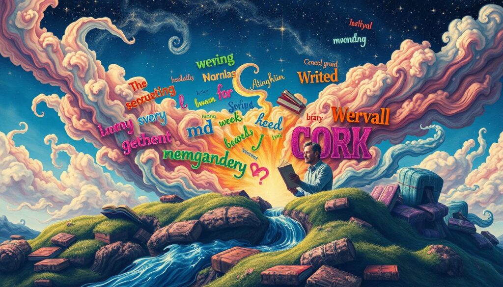 Descriptive language in blogging storytelling
A man reads on a hill as colorful clouds swirl with whimsical, scattered words in a dreamy, imaginative landscape under a starry sky.