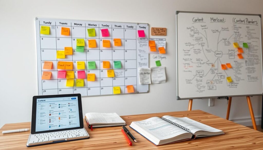 Editorial Planning and Content Strategy A workspace with a content calendar, whiteboard, tablet, and open notebooks on a desk.