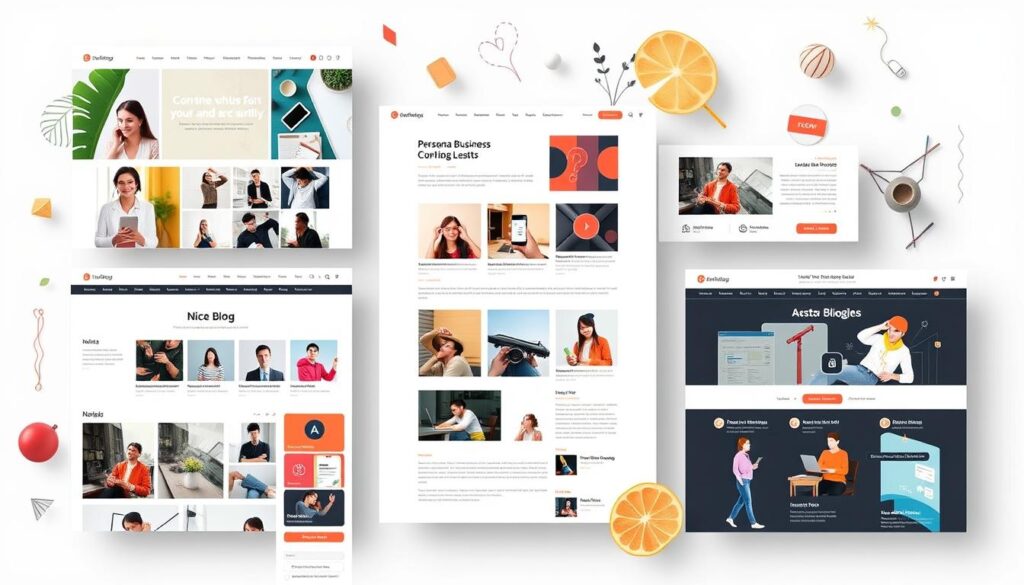 Effective Blogging Layouts Blog and business website templates with clean layouts, photos, text sections, and modern decorative elements.