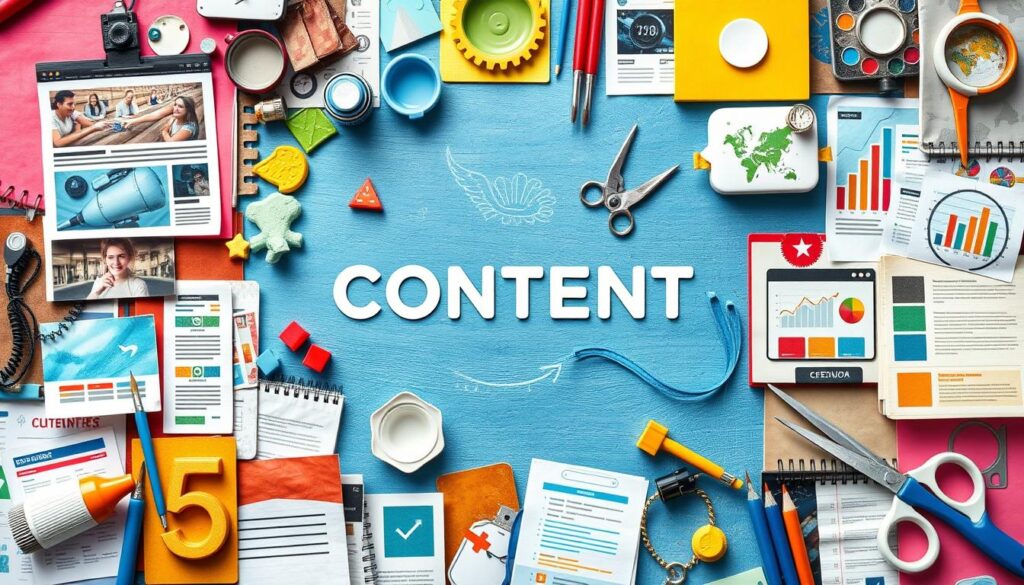 A colorful, creative workspace filled with graphics, and office supplies surrounding the word "CONTENT" on a blue background.
