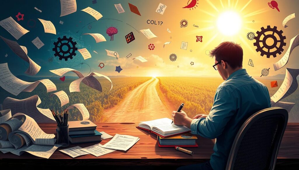 Engaging Introduction Importance A man writing at a desk with floating papers and symbols, looking towards a bright path in a field.