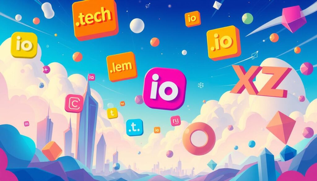 An image of floating blocks with top-level domains like ".io," ".tech," and ".lem" in a colorful, futuristic sky.