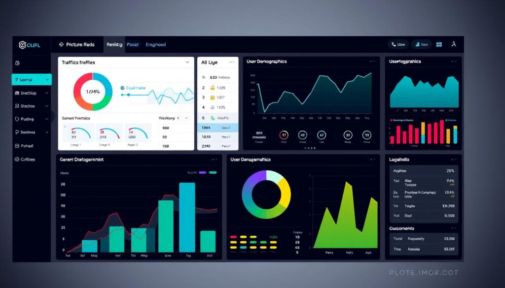 Google Analytics Dashboard Google Analytics dashboard with charts and graphs displaying traffic metrics, user demographics, and engagement stats.
