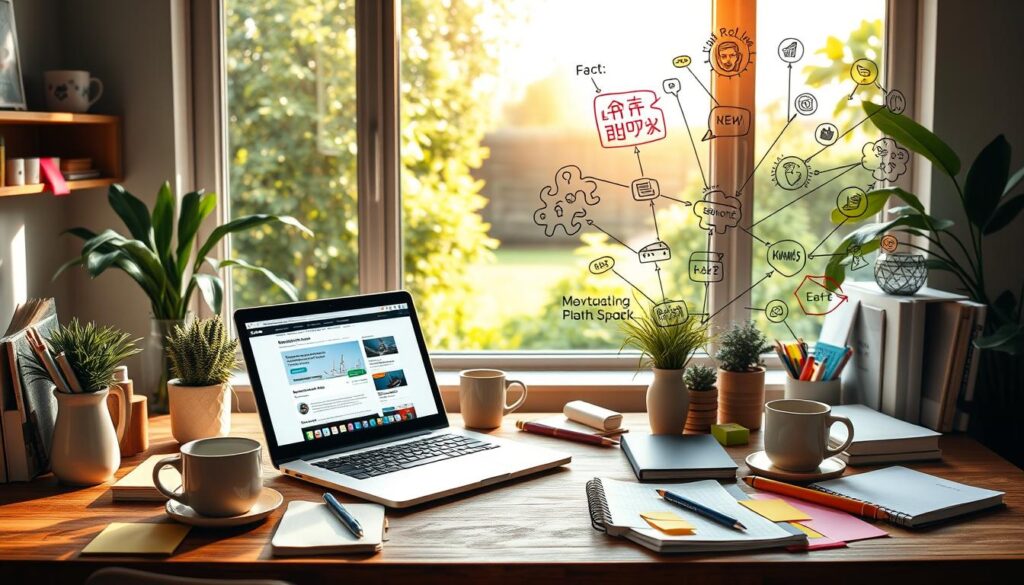 Guest Blogging Best Practices A cozy desk by a window with a laptop, plants, and notes, featuring brainstorming diagrams drawn on the glass.