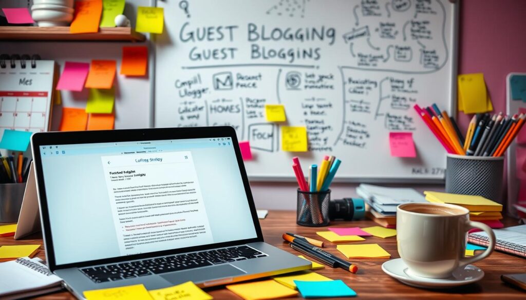 Guest Blogging Outreach Strategy A laptop, sticky notes, and a whiteboard labeled "Guest Blogging" in a busy workspace.