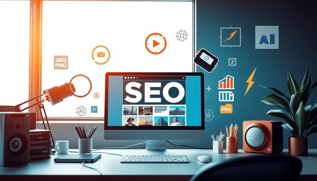 Image Optimization for SEO A modern workspace featuring a computer monitor displaying the word 'SEO' in large letters.