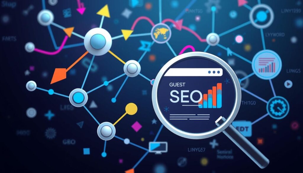 Impact of Guest Post on SEO A network graphic with nodes and a magnifying glass on "Guest SEO" and bar charts, symbolizing SEO strategies.