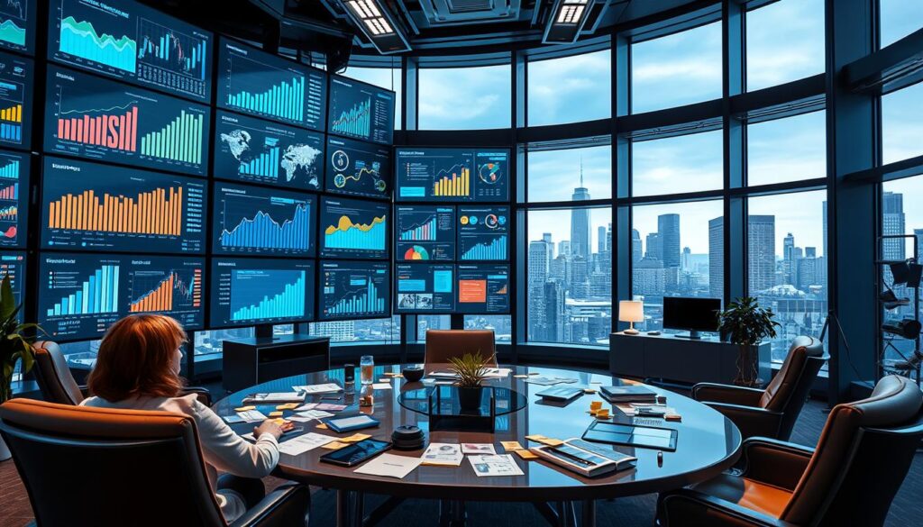 Industry Trends and Content Strategy A person in a modern office analyzes trends and news data displayed on multiple large screens showing charts and graphs.