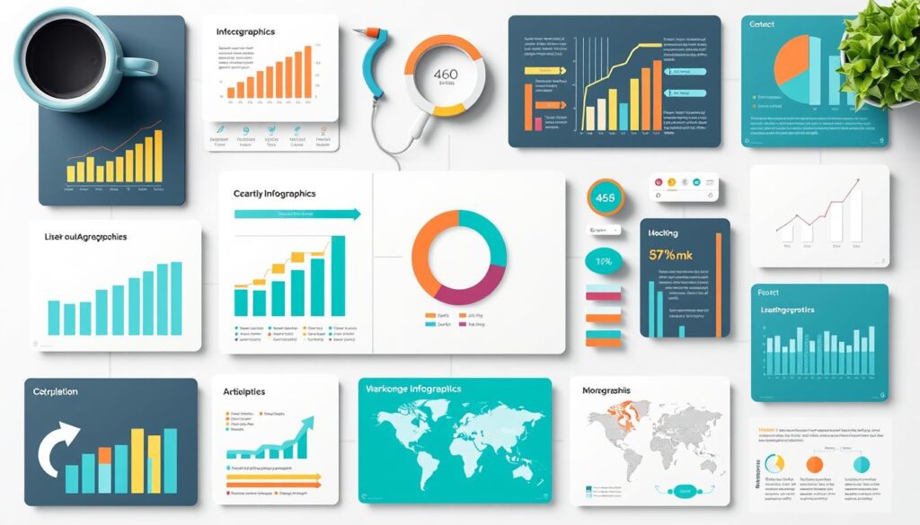 Infographics in blog posts A flat lay of various infographics and charts arranged on a light-colored desk.