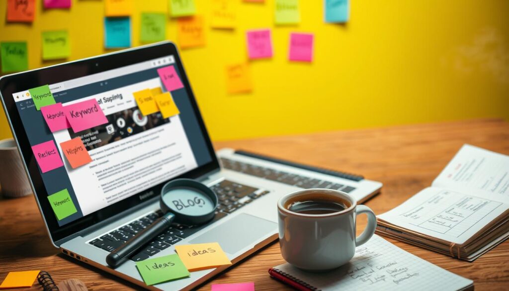 Keyword research for blogging A laptop with sticky notes, a magnifying glass, coffee cup, and notebook on a desk in a blogging workspace.