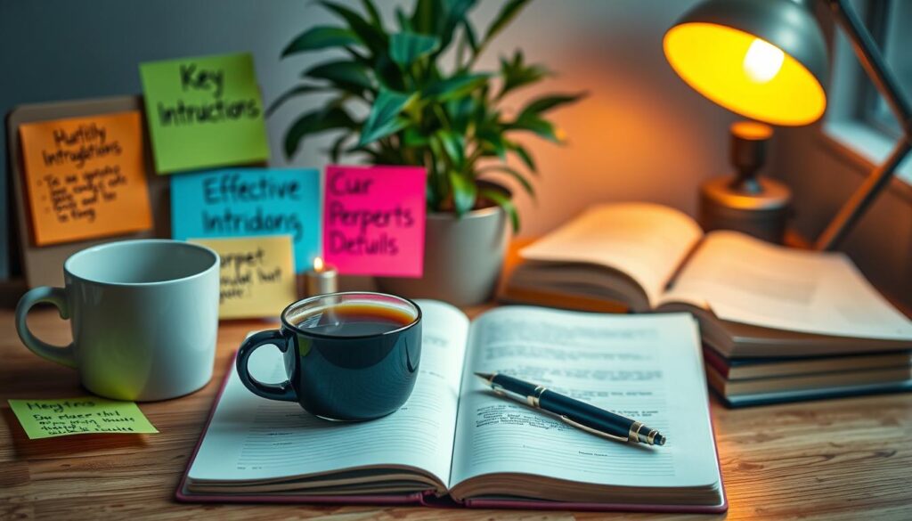 Opening Paragraph Tips A cozy study scene with open books, coffee, sticky notes, and a desk lamp.