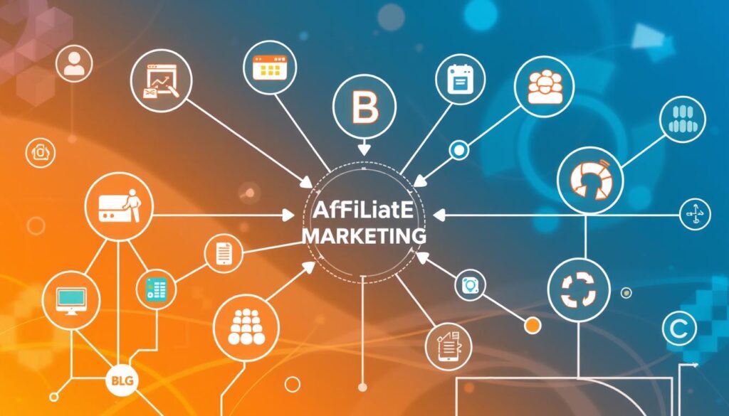 An illustration of affiliate marketing network with interconnected icons for blog, audience, analytics, and content.