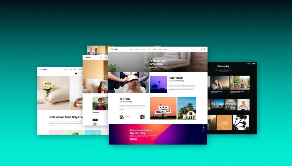 blogging layouts Several website templates with clean, modern designs, featuring blog and portfolio layouts against a teal background.