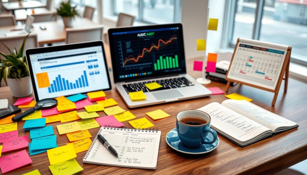 content audits A desk with two laptops showing analytics, surrounded by sticky notes, a calendar, notepad, and coffee cup.