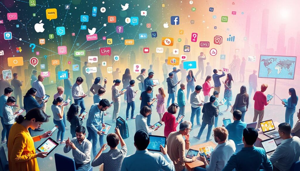 A large group of people using various digital devices, with social media icons and app logos connected in the air above them.