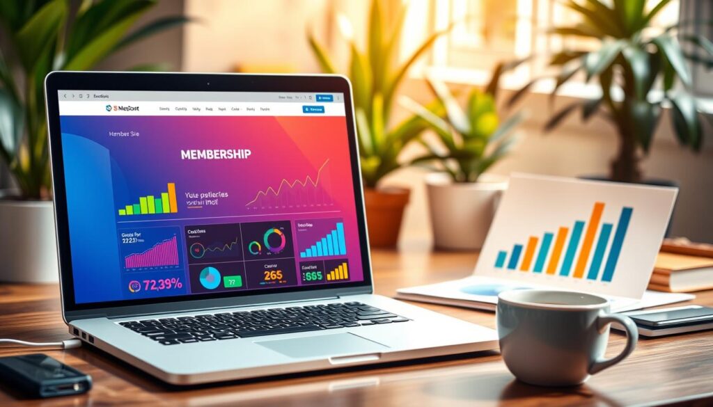 A laptop displaying membership analytics dashboard with charts, on a desk with coffee and plants.