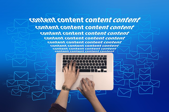 A person typing on a laptop with the word 'content' repeatedly displayed above, surrounded by envelope icons.