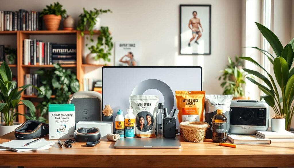 niche affiliate marketing A desk with various wellness and fitness products, a monitor, a box with affiliate marketing and plants in the room.