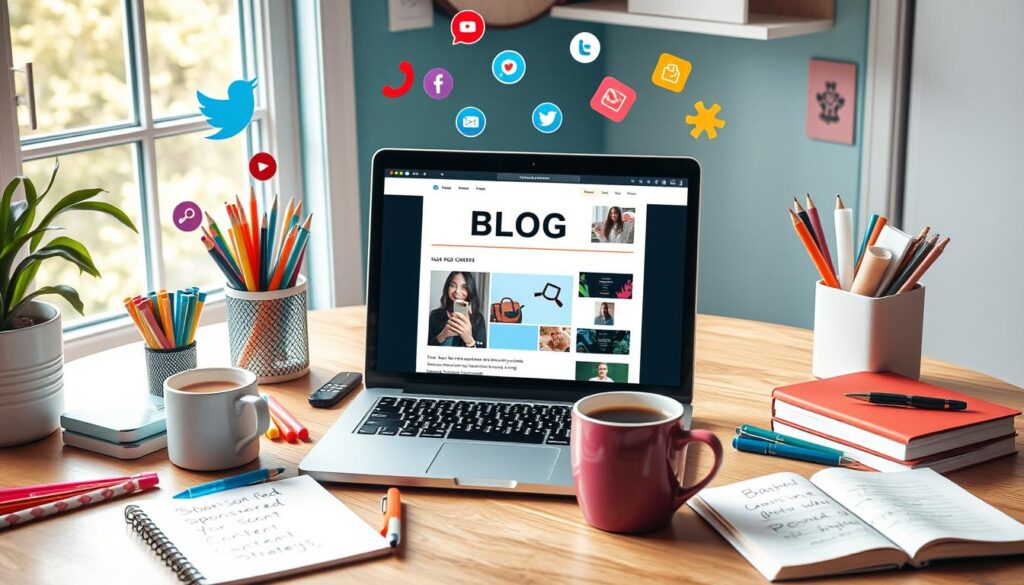 A desk setup with a laptop displaying a blog, surrounded by social media icons, notebooks, and coffee cups.