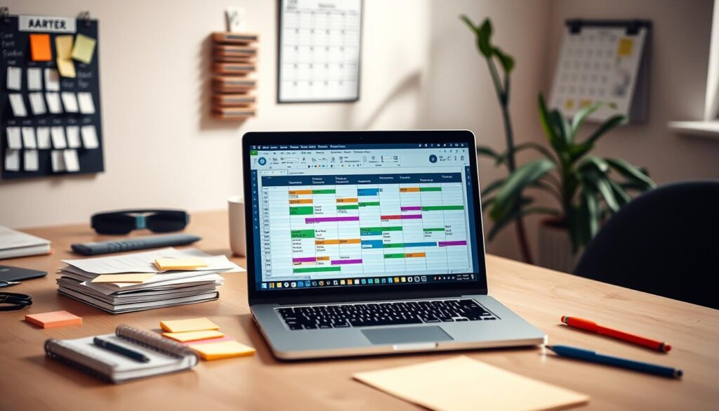 spreadsheets for content management A desk with a laptop showing a color-coded schedule, sticky notes, and documents.