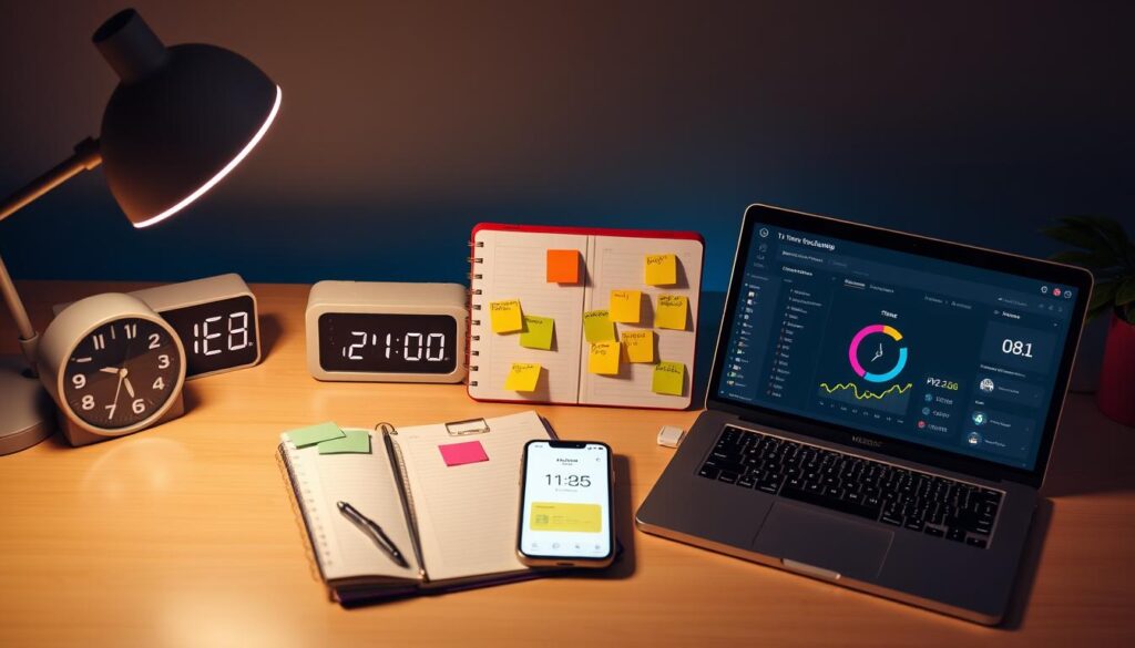 time tracking tools A workspace with a laptop displaying data analytics, notebooks with sticky notes, clocks, a lamp, and a smartphone.