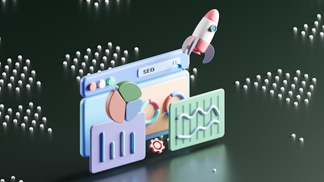 A 3D illustration of SEO dashboard elements with charts, graphs, and a rocket icon.
