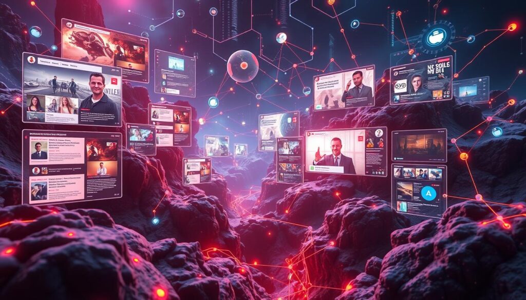 AI content personalization A digital landscape with interconnected screens displaying profiles, videos, and data, set against a glowing background.
