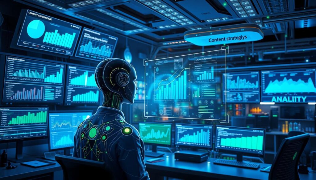 AI content strategy development A futuristic control room with an AI robot analyzing data visualizations and graphs on multiple high-tech screens.