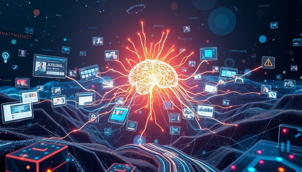 AI-driven content personalization A glowing AI neural network with interconnected data streams and floating screens displaying various digital interfaces.