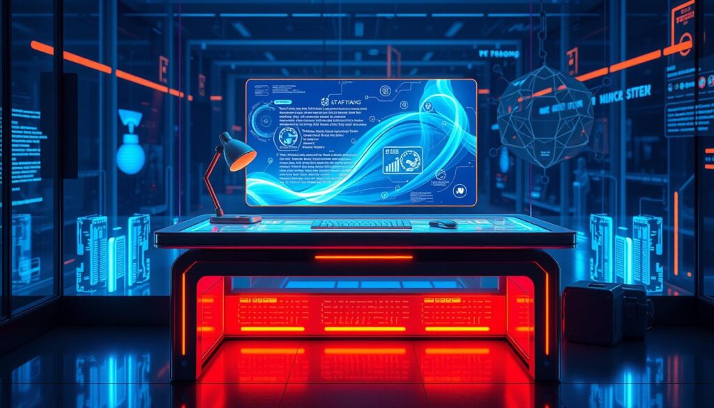 AI-powered writing assistance A futuristic workstation with a glowing holographic display in a high-tech, neon-lit lab.