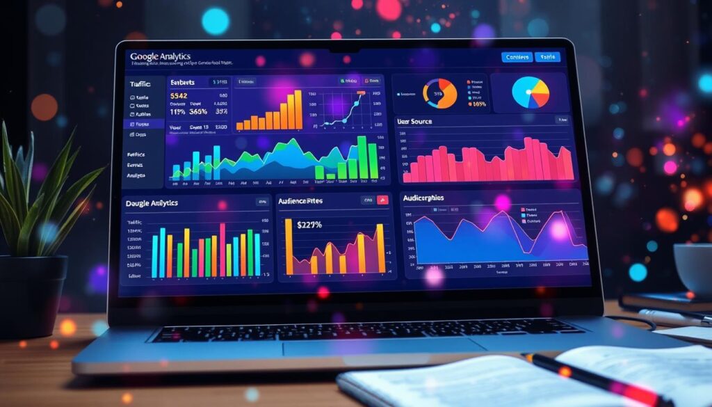 Advanced Google Analytics features for blog growth A dashboard with colorful data analytics charts and graphs displayed on a laptop screen in a modern workspace.