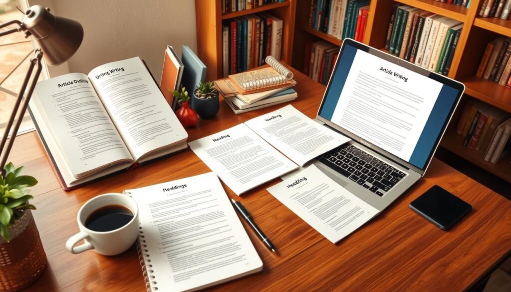 Article writing formats A desk with a laptop, books, and papers on article writing, outlining, and headings, plus a cup of coffee.