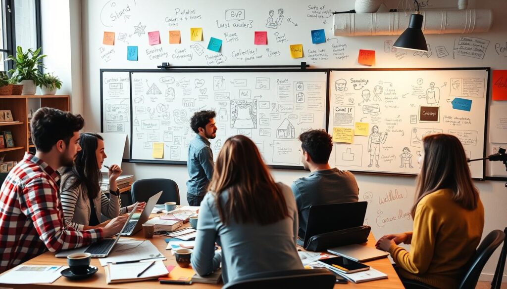 Collaborative content creation A team brainstorming around a whiteboard filled with notes and diagrams.