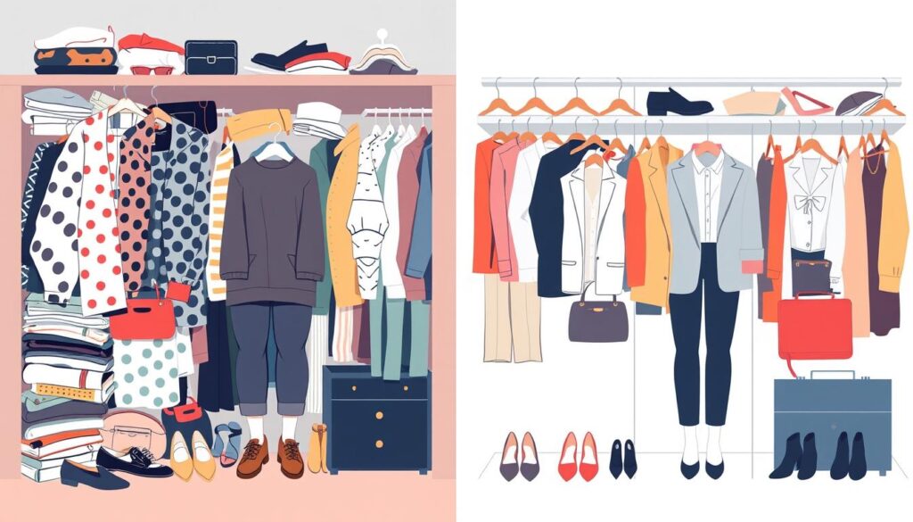 Common fashion mistakes to avoid An illustration of two wardrobe styles: one cluttered and casual, the other neat and formal.