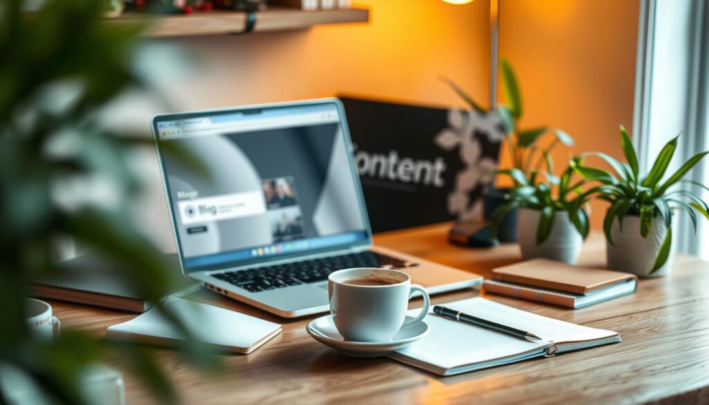 Content marketing through blogging A laptop displaying a blog, a coffee cup on a saucer, notebooks, and potted plants on a wooden desk.