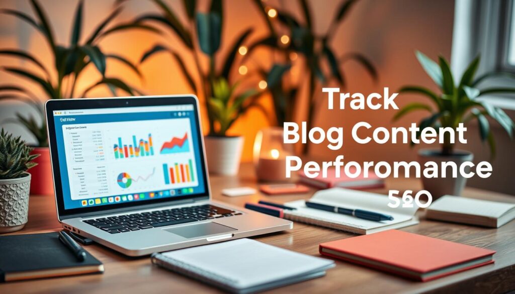 Content performance tracking for blog SEO A workspace with a laptop displaying blog analytics charts, surrounded by plants, notebooks, and a warm ambiance.