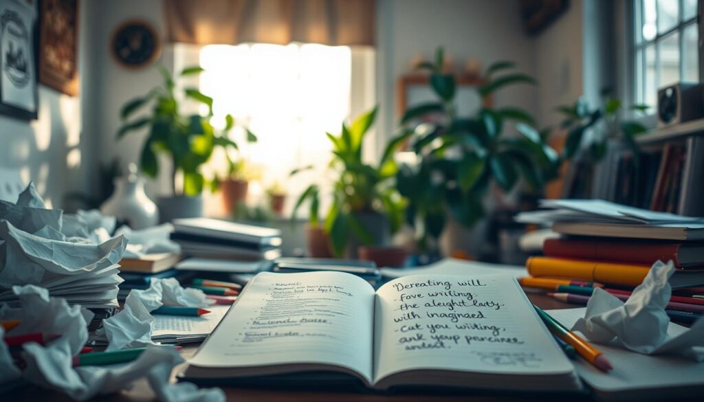 Creative writing strategies A cluttered desk with crumpled papers, notebooks, and colorful pens, centered on an open notebook with handwritten notes.