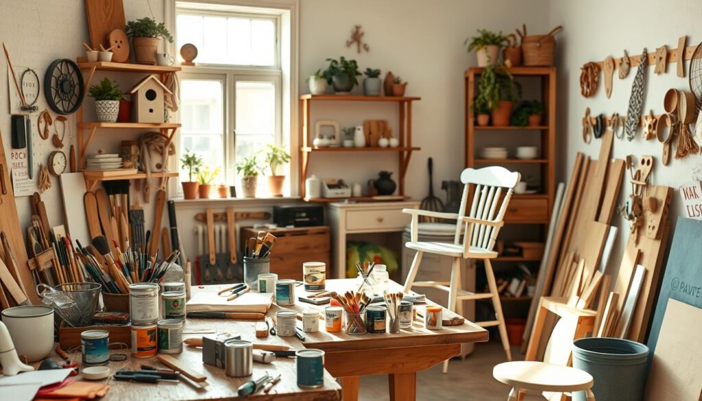 DIY projects and home improvement A cozy craft room filled with art supplies, wooden tools, and plants, symbolizing creativity and DIY projects in a warm setting.