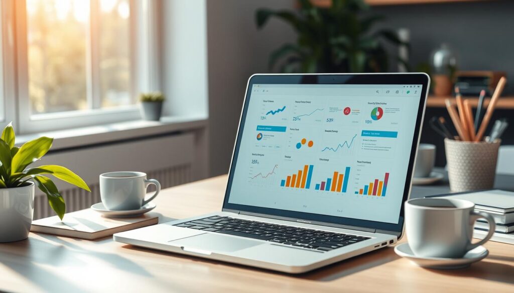 laptop displaying analytics charts on a desk with coffee cups and plants.