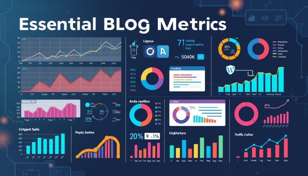 Essential blog metrics A colorful blog performance metrics dashboard with charts, graphs, and analytics data displayed on a dark blue background.