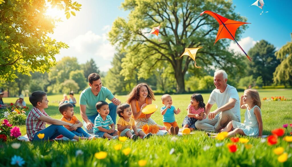 Family activities and parenting advice A joyful family picnic in a sunny park, with kids flying kites and playing, symbolizing togetherness and outdoor fun.