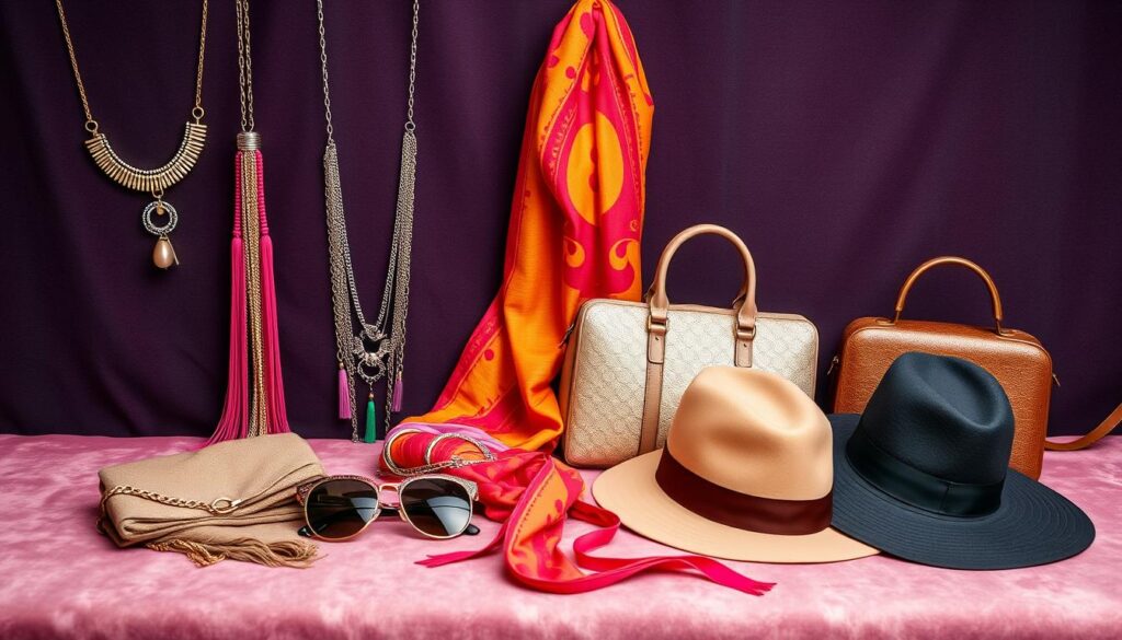 Fashion accessories A stylish display of accessories, including necklaces, scarves, sunglasses, handbags, and hats.